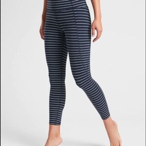 Athleta Navy and White Striped Salutation Leggings Small